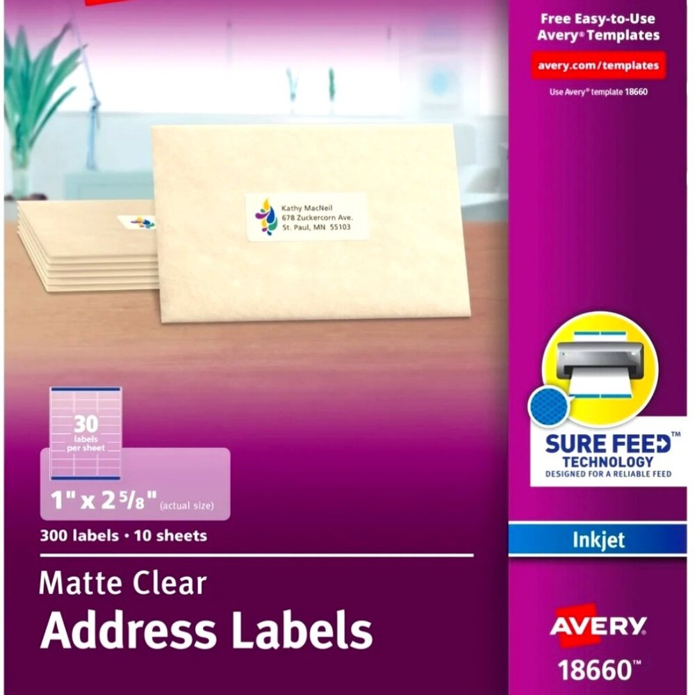 Avery Address Labels, 1" x 2-5/8", Film, Matte Clear, Inkjet, Sure Feed, 300 Lab